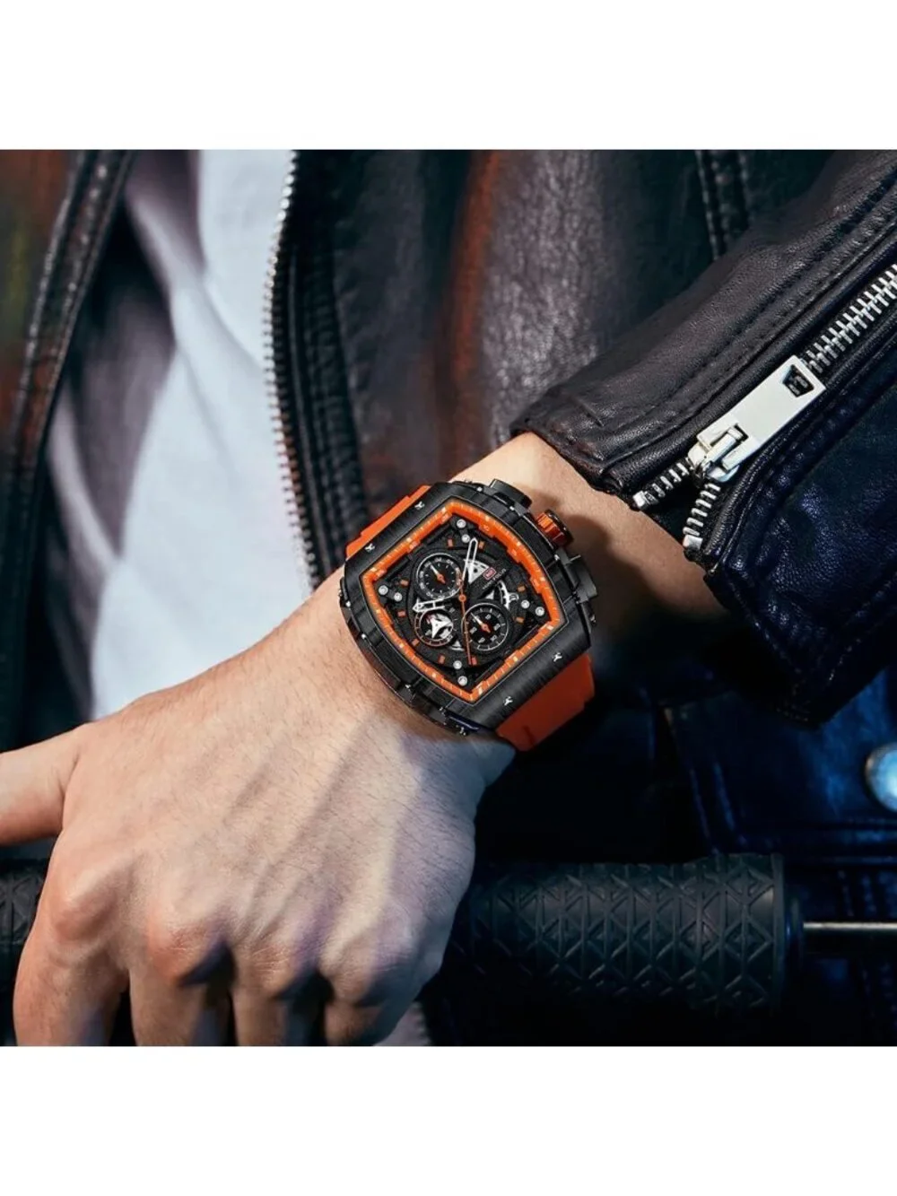 Men's Orange Silicon Strap Quartz Chronograph Waterproof Luminous Tonneau Watch
